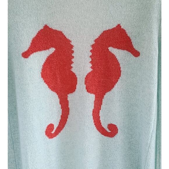 NEW Two Bees Cashmere Cardigan sz Small Light Aqua with Coral Seahorses Reg $297 - Picture 5 of 5